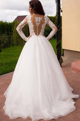 Ivory Tulle Boho Princess A-line V-neck Long Sleeves Wedding Dresses